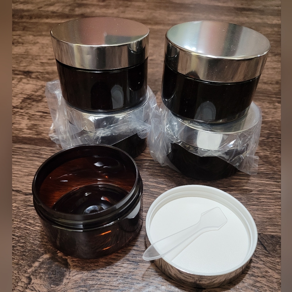 New Amber PET Plastic (BPA Free) Low Profile Jars w/ Mini Spatulas (4 oz…
